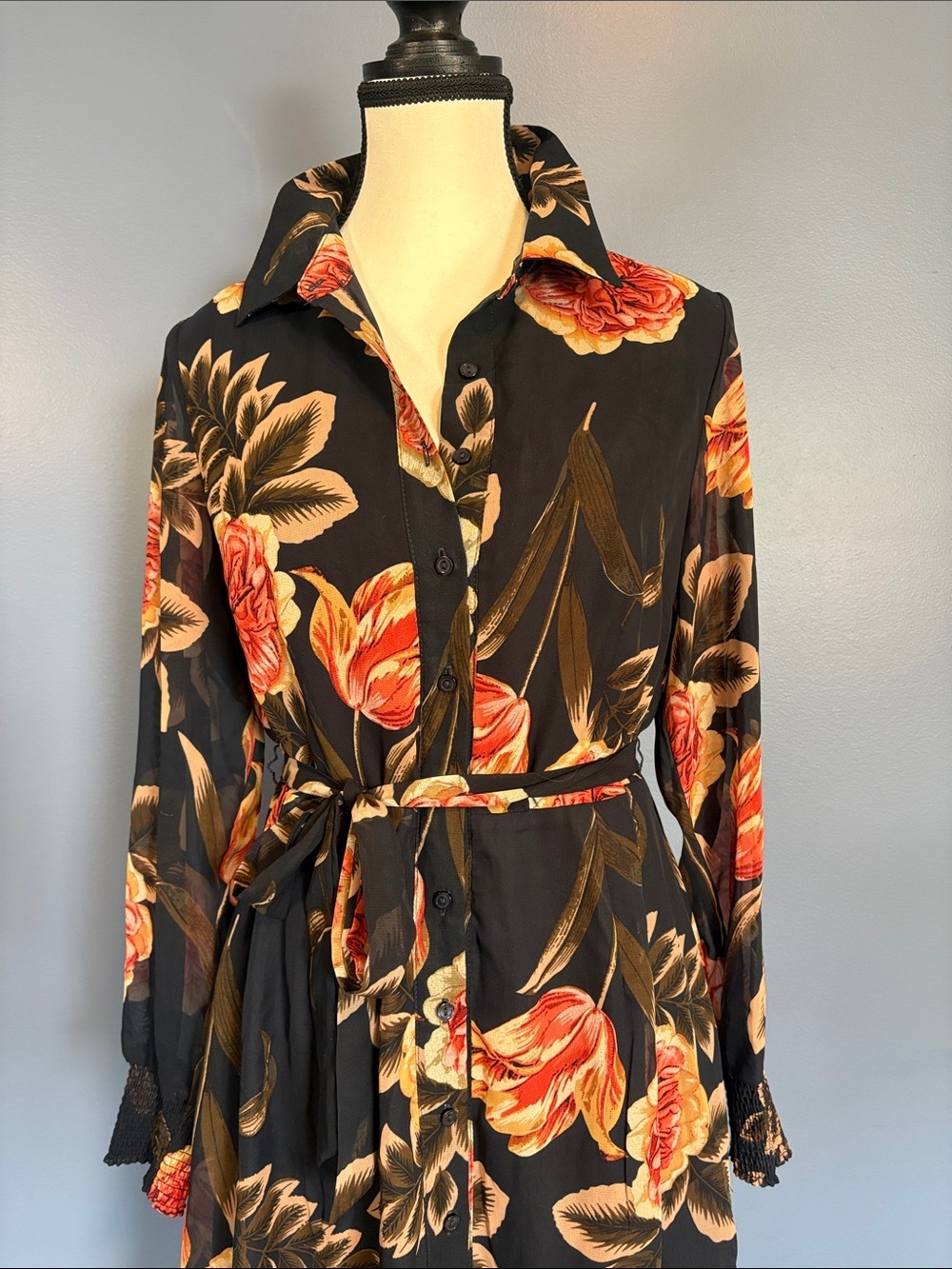 Cleo Petite Floral Shirt Dress | Size M | Belted Midi Dress | Sheer Sleeves - Picture 2 of 9